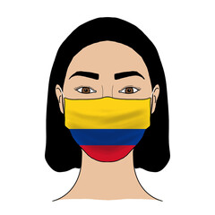 Coronavirus mask crisis. Colombia health system. Flag of Colombia coronavirus outbreak patterned mask wearing woman.