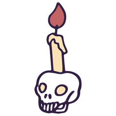 Spooky skull candlestick on white isolated backdrop. Day of the dead symbol for invitation or gift card, notebook, bath tile, scrapbook Phone case or cloth print Doodle style stock vector illustration