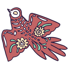 Red tribal bird tattoo on white isolated backdrop. Day of the dead symbol for invitation or gift card, notebook, bath tile, scrapbook Phone case or cloth print Doodle style stock vector illustration