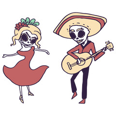 Mexican man and woman on white isolated backdrop. Day of the dead symbol for invitation or gift card, notebook, bath tile, scrapbook Phone case or cloth print Doodle style stock vector illustration