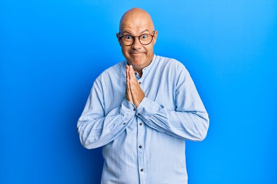 Middle age bald man wearing casual clothes and glasses praying with hands together asking for forgiveness smiling confident.