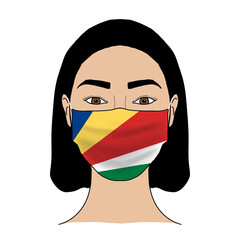 Coronavirus mask crisis. Seychelles health system. Flag of Seychelles coronavirus outbreak patterned mask wearing woman.