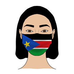 Coronavirus mask crisis. South Sudan health system. Flag of South Sudan coronavirus outbreak patterned mask wearing woman.