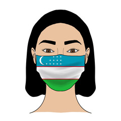 Coronavirus mask crisis. Uzbekistan health system. Flag of Uzbekistan coronavirus outbreak patterned mask wearing woman.