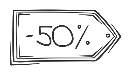 Hand drawn vector of price tag -50, isolated on white background.