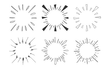 Set of Hand drawn vector of sunburst template, isolated on white background.