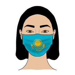 Coronavirus mask crisis. Kazakhstan health system. Flag of Kazakhstan coronavirus outbreak patterned mask wearing woman.