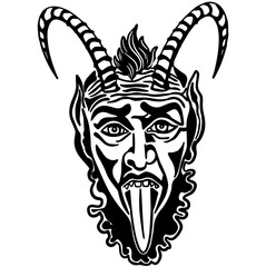 Krampus. Scary krampus. Horned devil. Realistic. Heck. Traditional Christmas devil. Little devil stealing a child.Hand drawn illustration for cards, posters, stickers and professional design. Austrian