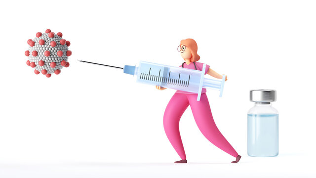 3d render. Woman doctor cartoon character fights Coronavirus infection. Vaccine against covid-19 virus inside big syringe. Clip art isolated on white background. Vaccination medical concept