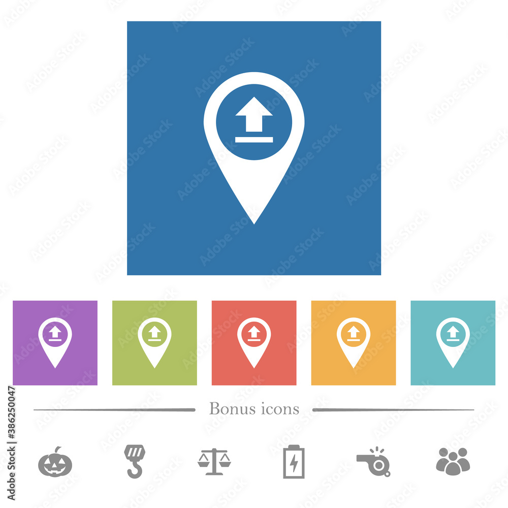 Poster upload gps map location flat white icons in square backgrounds