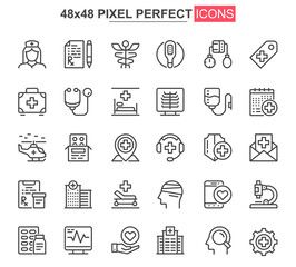 Medical service thin line icon set. Online consultation outline pictograms for website and mobile app GUI. Diagnosis and treatment simple UI, UX vector icons. 48x48 pixel perfect pictogram pack.