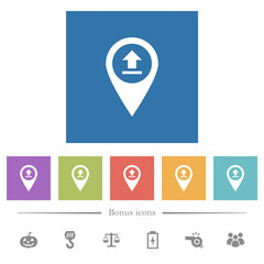 Upload GPS map location flat white icons in square backgrounds