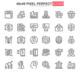Money thin line icon set. Money management and saving outline pictograms for website and mobile app GUI. Capital investment simple UI, UX vector icons. 48x48 pixel perfect pictogram pack.