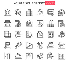 Real estate thin line icon set. Real estate agency outline pictograms for website and mobile app GUI. Building sale and rent simple UI, UX vector icons. 48x48 pixel perfect pictogram pack.