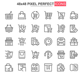 Online shopping thin line icon set. Internet marketplace outline pictograms for website and mobile app. Online order and delivery simple UI, UX vector icons. 48x48 pixel perfect pictogram pack.