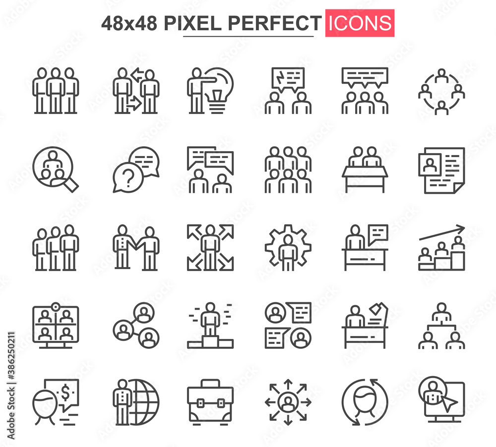 Poster teamwork thin line icon set. business team collaboration outline pictograms for website and mobile a