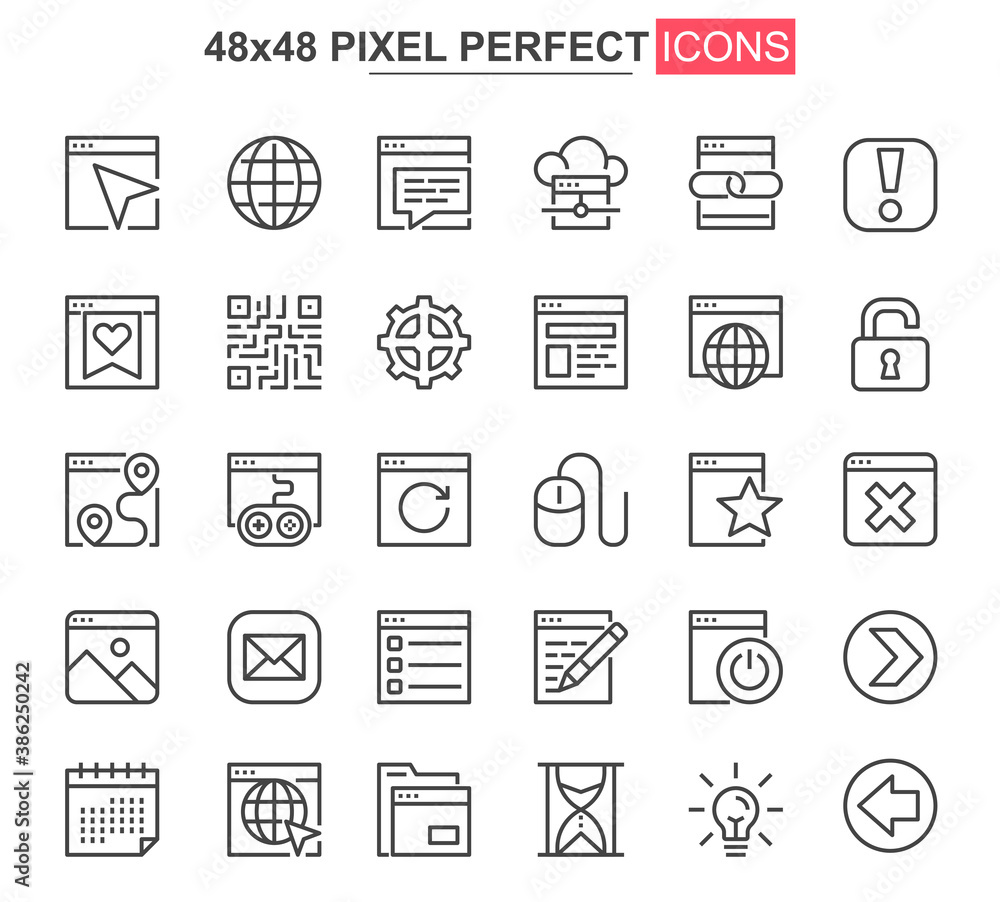 Fototapete Website UI thin line icon set. User menu and interface navigation outline pictograms for web and mobile app. Management and messaging simple vector icons. 48x48 pixel perfect pictogram pack.