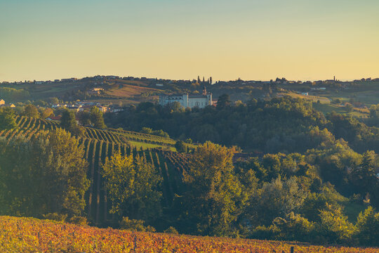 costigliole d'asti, piedmont, italy, monferrato town during fall season. barbera wine area