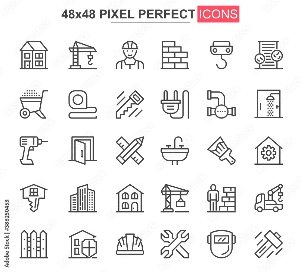 Aufkleber construction thin line icons set. construction site workflow and management unique design icons. mac