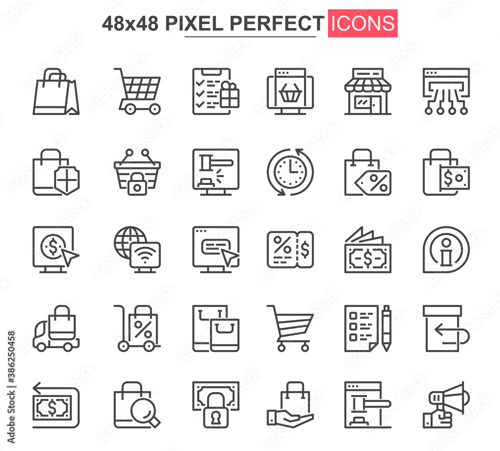 Poster e-commerce thin line icons set. online shopping, internet marketplace unique design icons. customer 