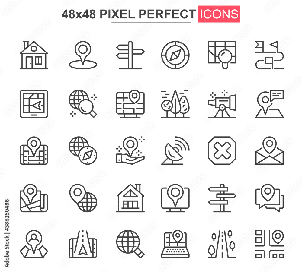 Poster navigation thin line icons set. destination and route tracking unique design icons. geolocation and 