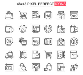 E-commerce thin line icons set. Online shopping, internet marketplace unique design icons. Customer support, order and delivery service outline vector bundle. 48x48 pixel perfect linear pictogram pack