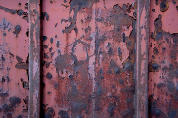 Rust steel surface with chipped paint chunks, grudge. 