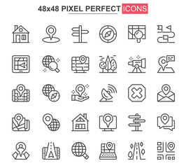 Navigation thin line icons set. Destination and route tracking unique design icons. Geolocation and positioning, GPS navigation outline vector bundle. 48x48 pixel perfect linear pictogram pack.