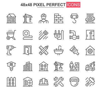 Construction thin line icons set. Construction site workflow and management unique design icons. Machinery and building equipment outline vector bundle. 48x48 pixel perfect linear pictogram pack.
