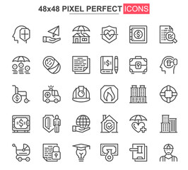 Insurance thin line icons set. Accidents protection and life insurance unique design icons. Financial safety, retirement program outline vector bundle. 48x48 pixel perfect linear pictogram pack.