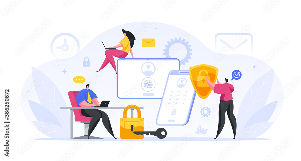 Poster group of banking specialists set up web protection of customer accounts vector concept