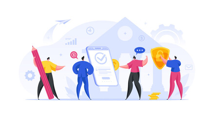 People fund online bank account and set up protection cartoon concept