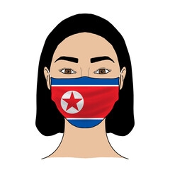 Coronavirus mask crisis. North Korea health system. Flag of North Korea coronavirus outbreak patterned mask wearing woman.