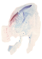 Watercolor stains, blots and drips on white paper. Various shades of gray, blue, pink.