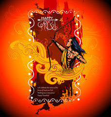 
Greeting card with bow and illustration of Lord Rama killing Ravana in Navratri festival of India with hindi text meaning Dussehra (Hindu holiday Vijayadashami). Vector illustration.