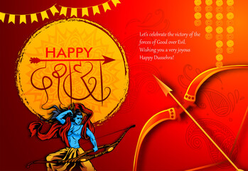 
Greeting card with bow and illustration of Lord Rama killing Ravana in Navratri festival of India with hindi text meaning Dussehra (Hindu holiday Vijayadashami). Vector illustration.