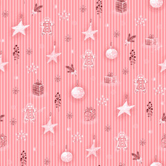 Christmas seamless pattern with gifts, gingerbreads, stars and snowflakes for wrapping paper