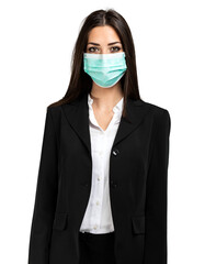 Smiling businesswoman isolated on white wearing a mask, coronavirus concept