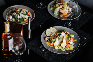 food, seafood, meal, shrimp, salad, dish, dinner, plate, cuisine, fish, delicious, fried, grilled, restaurant, chicken, gourmet, healthy, lunch, meat, vegetable, prawn, green, thai, rice, white