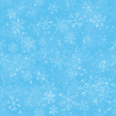 Christmas seamless pattern of snowflakes of different shapes, sizes and transparency, on light blue background