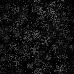Obraz na płótnie Canvas Christmas seamless pattern of snowflakes of different shapes, sizes and transparency, on black background