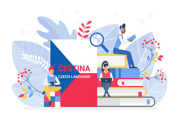 Online language courses flat vector illustration. Distance education, remote school, Czech university. Internet class, e learning language school isolated. Students reading Czech books.