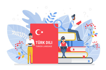 Fototapeta na wymiar People learning Turkish language vector illustration. Turkey distance education, online learning courses concept. Students reading books cartoon characters. Teaching foreign languages