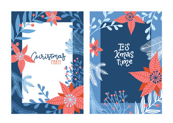 Obraz na płótnie Canvas Set of Merry Christmas greeting hand drawn lettering cards in blue and red colors, a4 vertical banners, Xmas party invitations. Hand drawn cards with winter florals, branches and flowers.