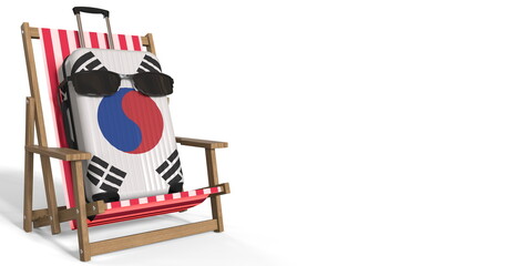 Flag of South Korea on suitcase and beach chair. Travel concept, 3d rendering