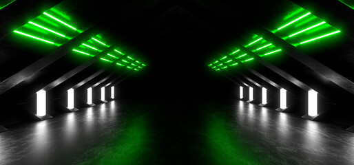 Obraz premium A dark corridor lit by colorful neon lights. Reflections on the floor and walls. 3d rendering image.