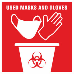 Red sign of trash bucket for used medical mask and gloves concept icon