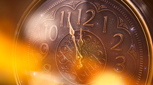The clock shows the time. Classic watch, close-up. Glow bokeh.