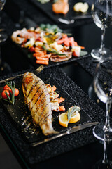 food, salmon, fish, meal, plate, dinner, fried, salad, fresh, dish, vegetable, appetizer, cuisine, seafood, healthy, lunch, lemon, breaded, snack, red, fillet, sauce, delicious, gourmet, bread