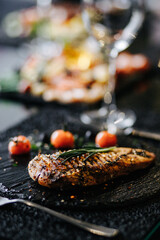 food, salmon, fish, meal, plate, dinner, fried, salad, fresh, dish, vegetable, appetizer, cuisine, seafood, healthy, lunch, lemon, breaded, snack, red, fillet, sauce, delicious, gourmet, bread